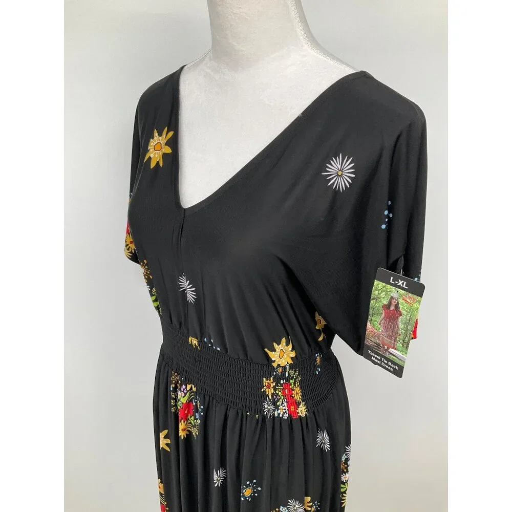 Lildy New Size L/XL Tassel Tie Back Maxi Dress Black Floral Boho - Picture 3 of 10
